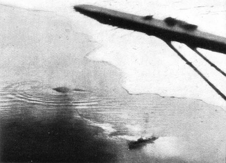 narvik7.jpg - The Eskimo, in ripple-circle, is hit by a torpedo from the distant enemy destroyer. Note the shell-tear in the Swordfish tail. The Hero stands by in the foreground.
