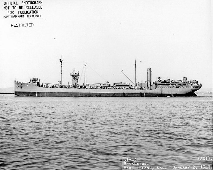 kanawha-photo11.jpg - Broadside view of USS Kanawha (AO-1) off Mare Island, 2 January 1943, in her final configuration.